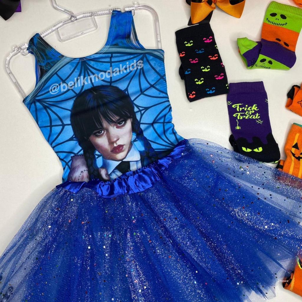 Kit Conjunto Infantil Body Wandinha + Saia De Tule Com Glitter Carnaval Festa Bailarina Halloween Addams Maio 2 ao 8