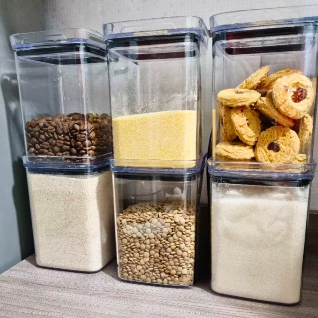 Kit 4 Potes Herméticos 1,2 ou 2,2 Litros Mantimentos Acrílico Cristal Quadrado Empilháveis
