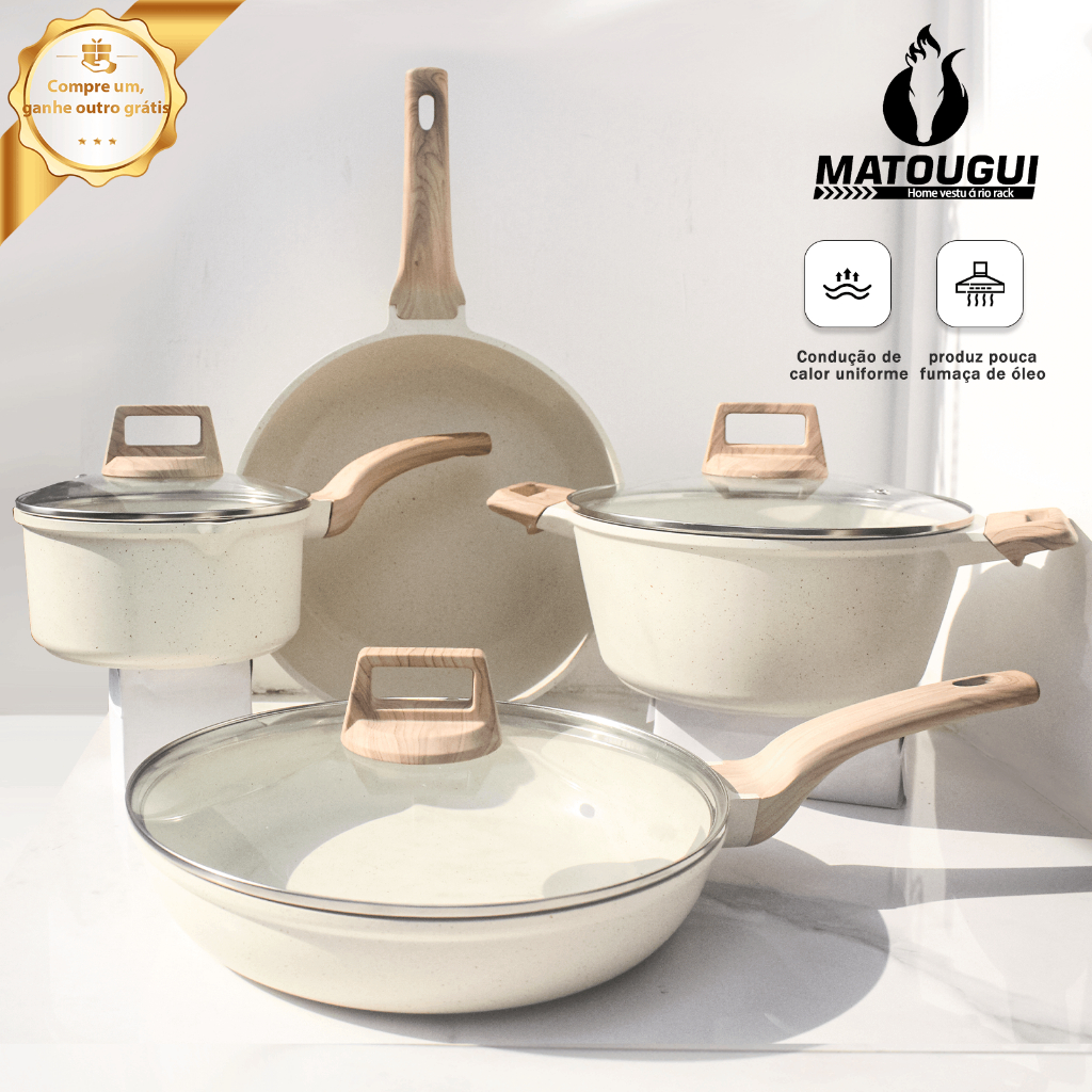 Conjunto De Panelas De Indução Bege De Liga De Alumínio Antiaderente 7 Peças wok, panela de guisado