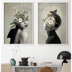 Quadro Decorativo Sala Kit 2 Quadros Decorativos Quarto Feminino Mulher Com Flores Borboleta