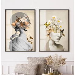 Kit Quadros Decorativos Quarto Feminino Mulher Flores Margaridas Dupla de Quadros Estética Moldura