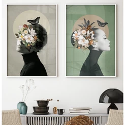 Quadros Decorativos Quarto Feminino Kit 2 Quadros Mulher Com Flores Borboleta Dupla De Quadros Sala