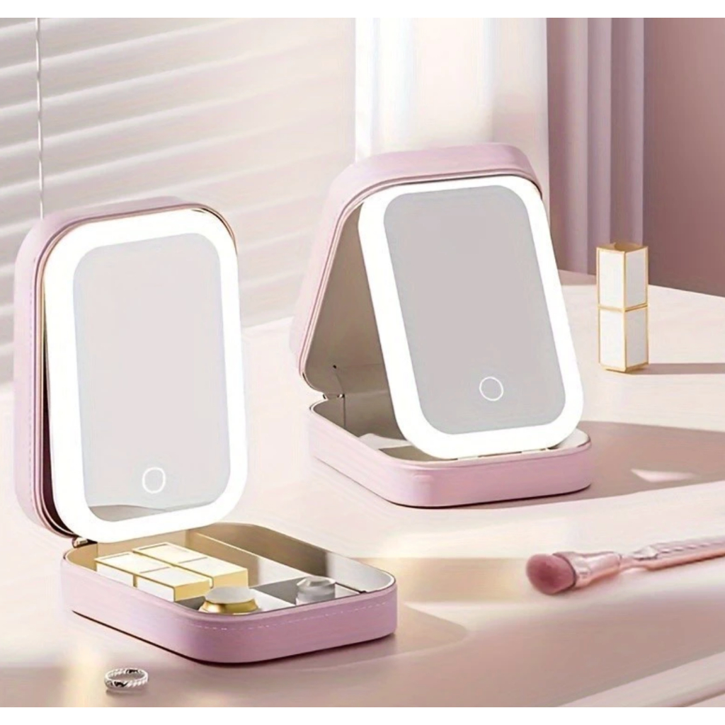 Estojo de Maquiagem Cosmético De Viagem Com Luzes LED e Espelho De Armazenamento