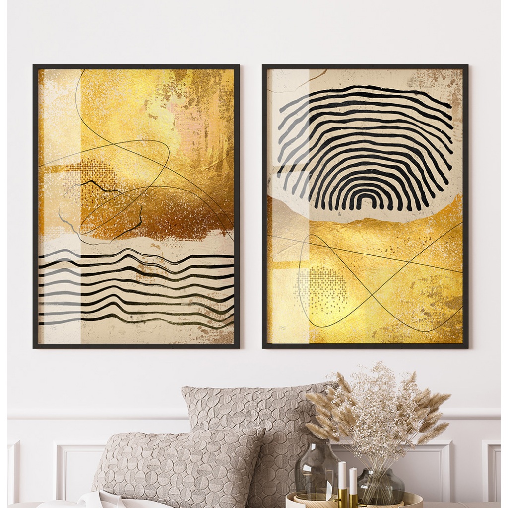 Quadro Abstrato Para Sala Quadro Com Moldura E Vidro Quadro Decorativo Quarto Casal Linhas Ouro Duo