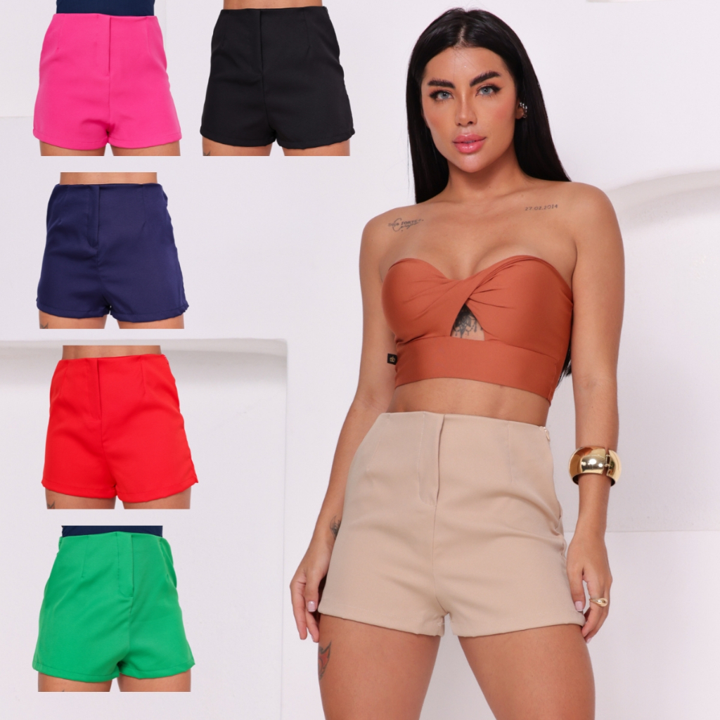 Short Feminino Alfaiataria Social Cintura Alta com Zíper na Lateral PROMOÇÃO