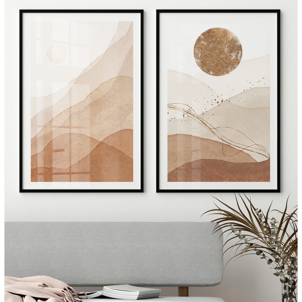 Quadro Boho Chic Abstrato Para Sala Quadro Decorativo Grande Quadro Com Moldura Cobre Neutro Duo