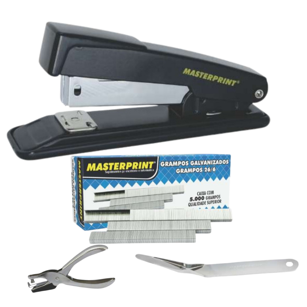 Kit Grampeador de Metal + 5.000 Grampos + Extrator + Perfurador de Papel Grampo 26/6 Galvanizados Escolar Escritório