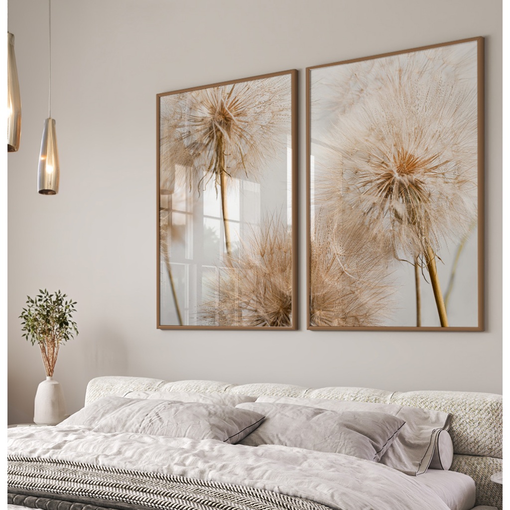 Imagem Quadros Decorativos Com Moldura E Vidro Sala de Jantar Quarto Casal Duo Dente De Leão Sépia Dourado