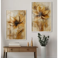Quadro Decorativo Sala Com Moldura Quadro de Flores Para Sala Grande Abstrato Floral Dourado Duo