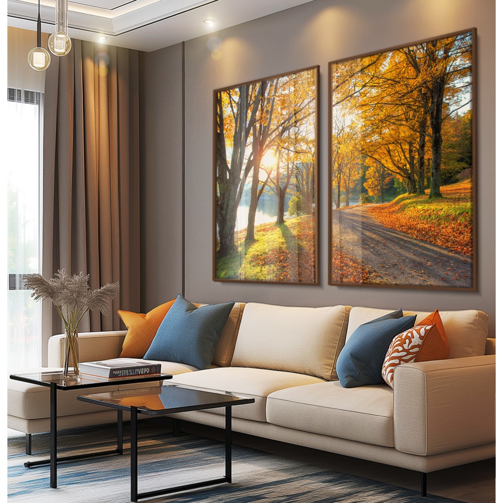 Quadro Paisagem Com Moldura E Vidro Quadro Decorativo Sala Grande Quadro Natureza Lago Outono Duo