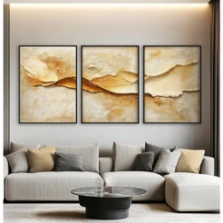 Quadro Decorativo Sala Abstrato Bege Dourado Trio De Quadros Decorativos Para Sala Com Moldura