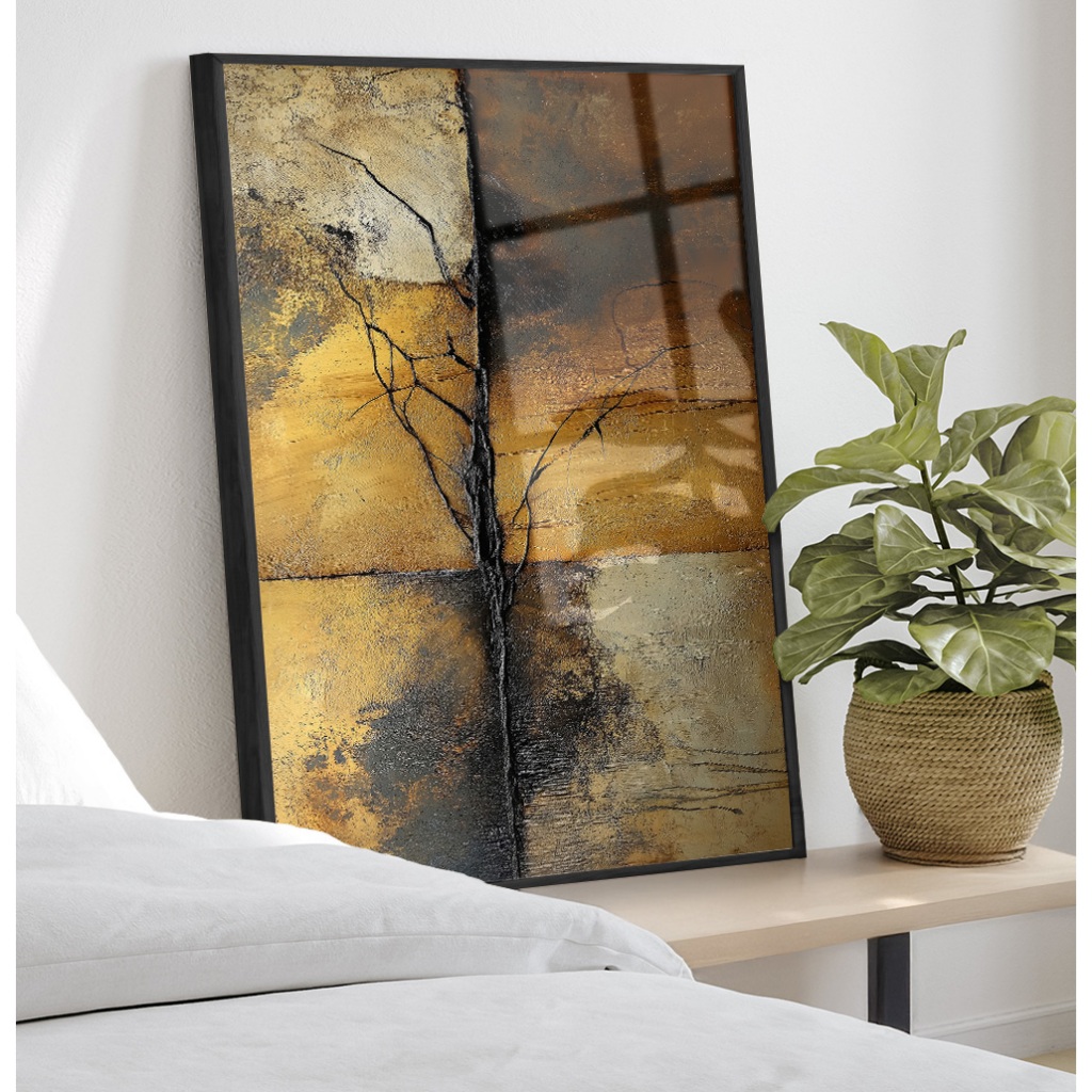Quadro Abstrato Quadro Com Moldura Vidro Quadro Decorativo Sala Quadro Quarto Casal Árvore Dourada