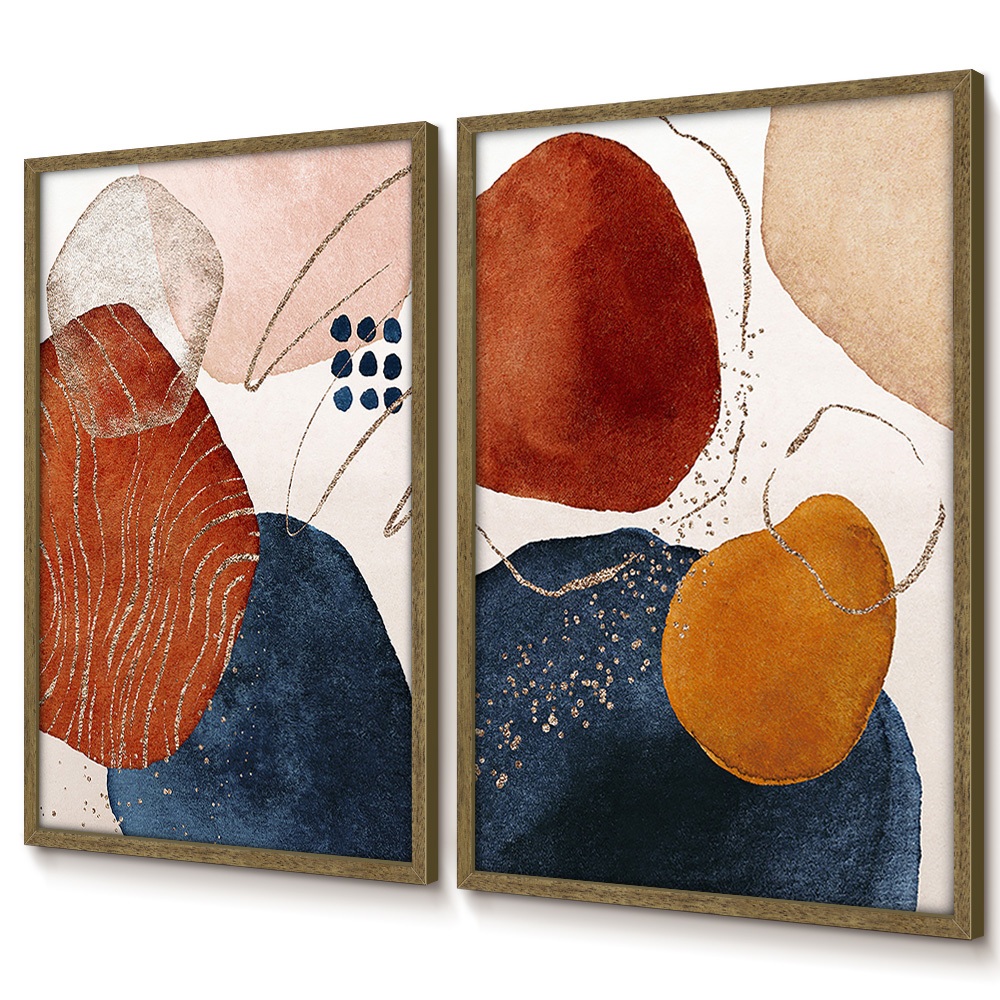 Quadro Decorativo Sala Com Moldura Quadro Abstrato Para Sala Azul Terracota Boho Kit 2 Quadros · foto 2