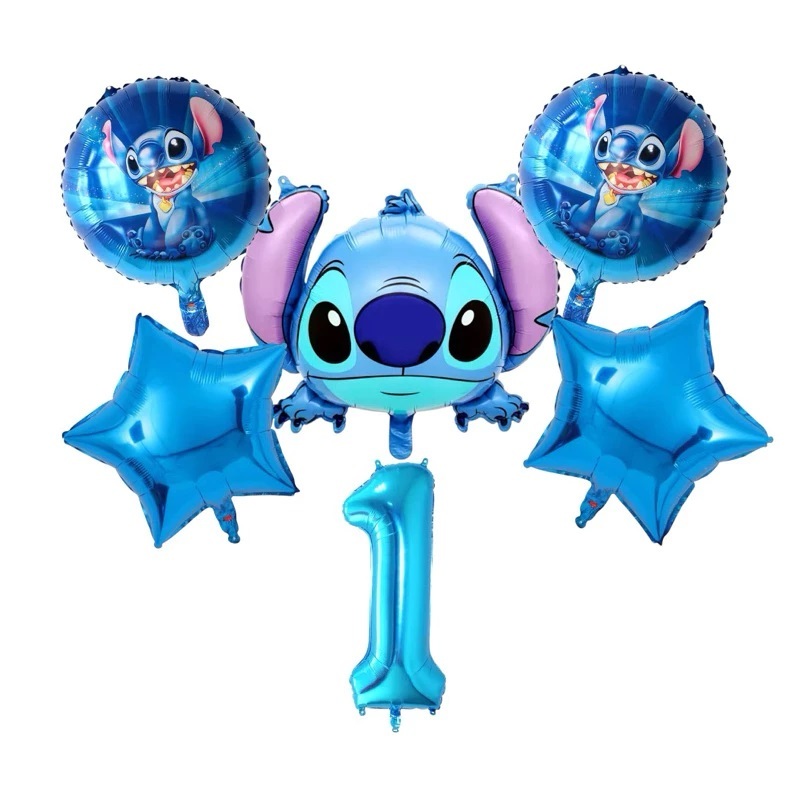 Kit com 6 Balões Metalizado Lilo Stitch Cabeça/ Redondo/Estrela Azul e Número 40 cm