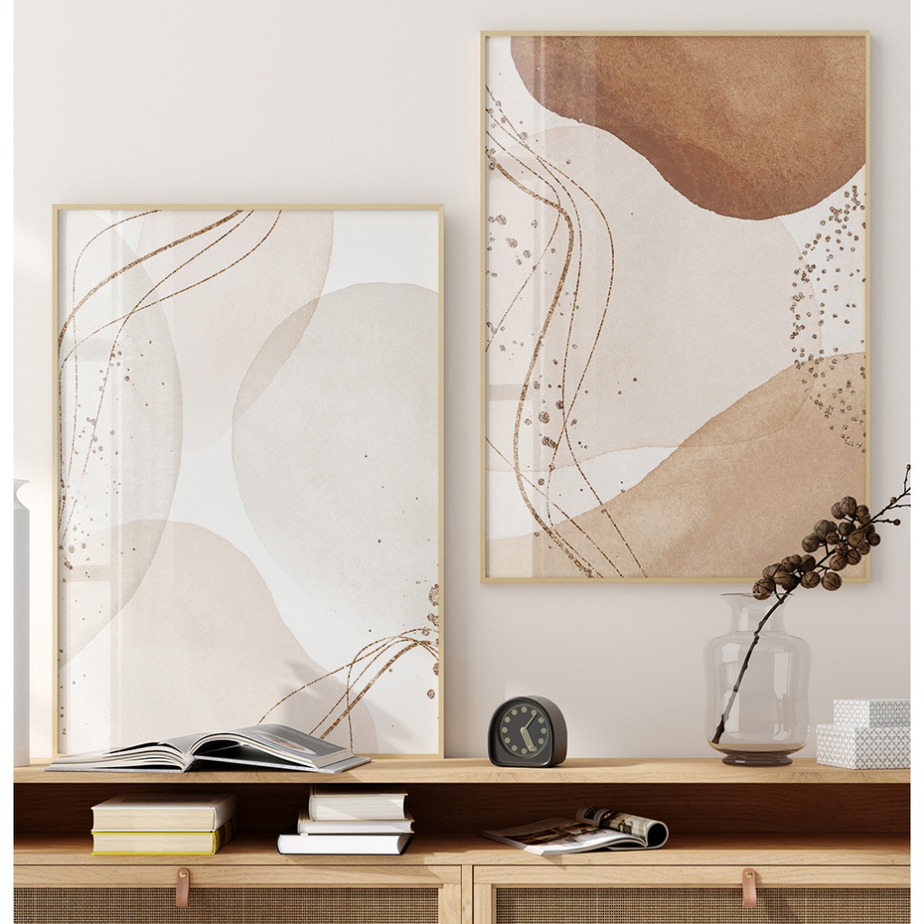 Quadro Decorativo Com Moldura Vidro Sala Quadro Decorativo Quarto Escritório Duo Abstrato Boho Bege