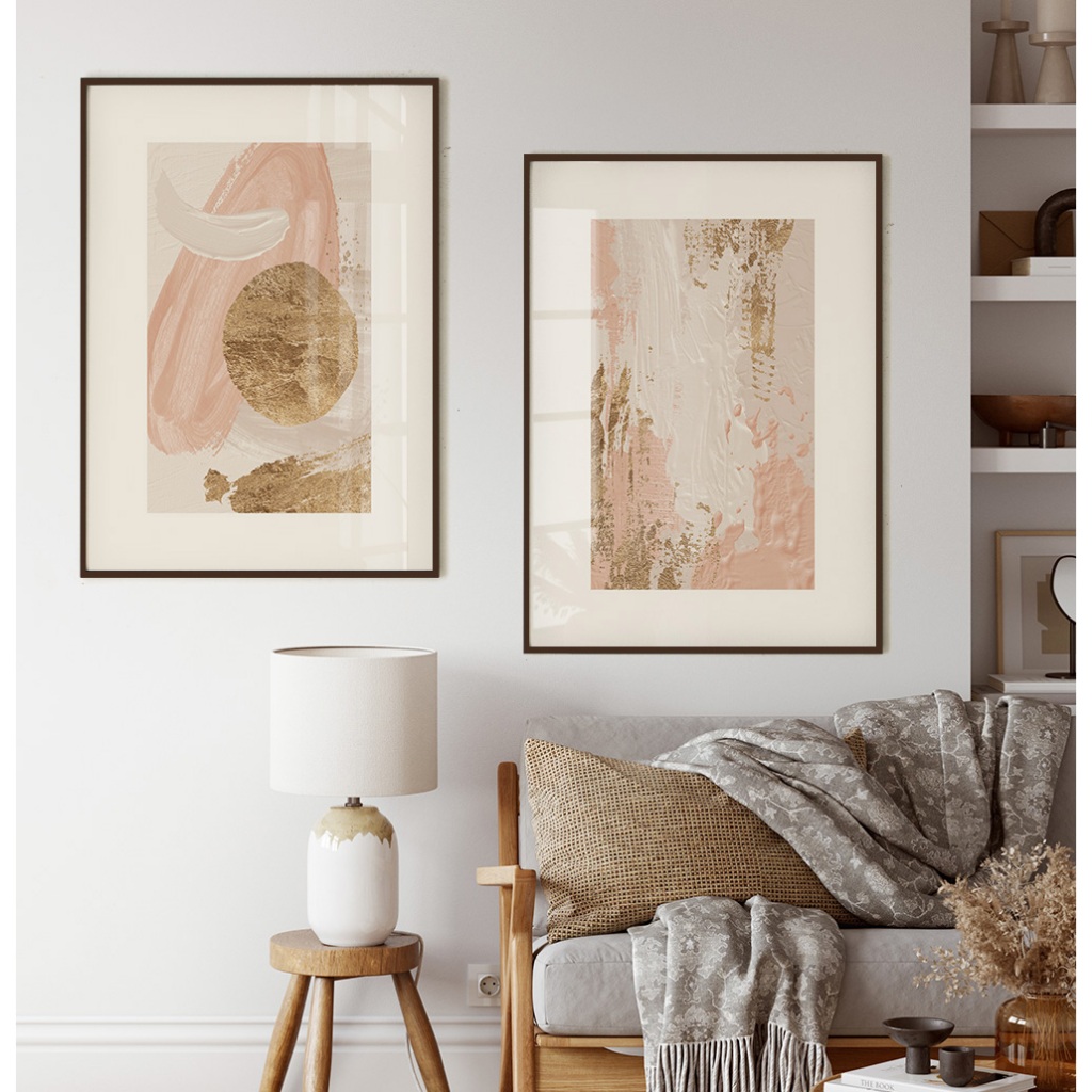 Quadro Decorativo Com Moldura E Vidro Sala Quadro Decorativo Escritório Duo Abstrato Rosé E Dourado