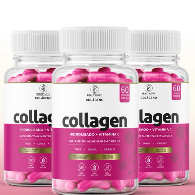 Kit 3 Colágeno Hidrolisado + Vitamina C e Acido Hialurônico - Collagen BeautyLiffe 60 cps 500mg em Oferta na Shopee