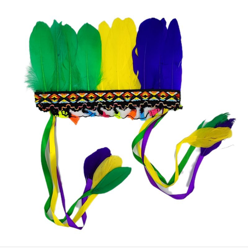 cocar de índio com penas coloridas azul amarelo e verde para festa carnaval