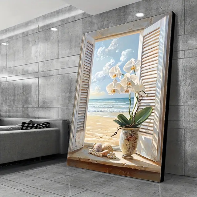Quadro Decorativo Janela para Praia com Orquídea – Paisagem 3D Moderna Sala Quarto