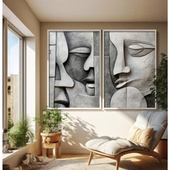 Quadro Decorativo Sala Com Moldura Quadro Abstrato Para Sala Rosto Esculpido Cinza Kit 2 Quadros