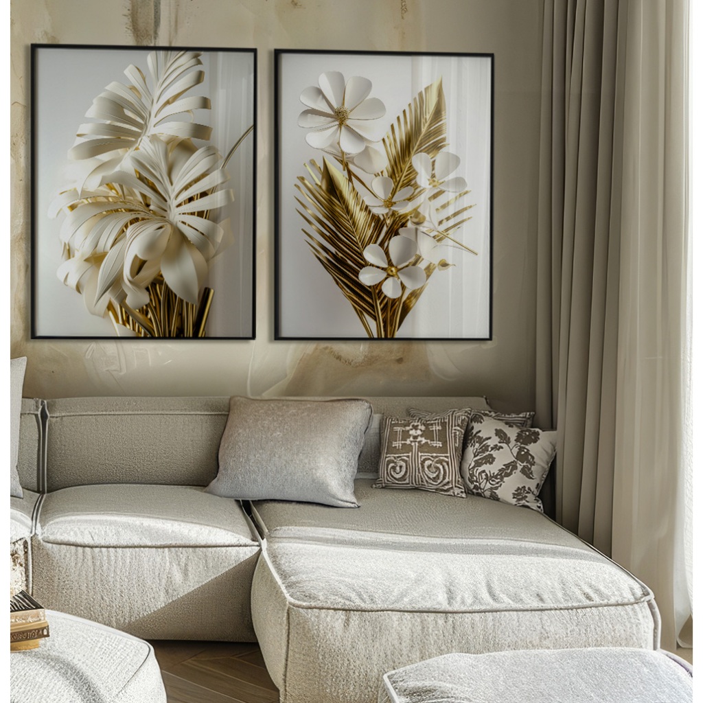 Quadro Decorativo Com Moldura E Vidro Sala Quadro Decorativo Quarto Duo Folhagem Dourado E Branco em Oferta na Shopee