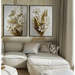 Kit 2 Quadros Decorativos Com Moldura Para Sala Floral Dourado Folhas Douradas Flores Brancas Luxo