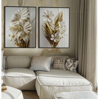 Quadro Decorativo Com Moldura E Vidro Sala Quadro Decorativo Quarto Duo Folhagem Dourado E Branco em Oferta na Shopee