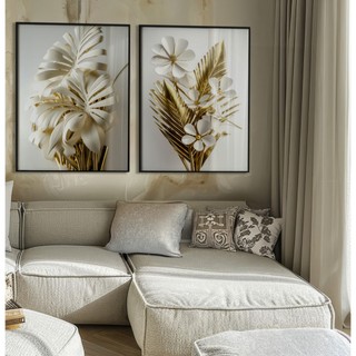 Kit Quadros Decorativos Com Moldura Para Sala Grande Quadro De Flores Dourado Quadro Floral Branco
