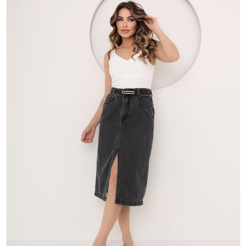 Saia jeans midi com fenda acompanha cinto feminino em Oferta na Shopee