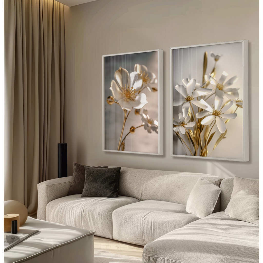 Quadro De Flores Dourado Com Moldura Vidro Quadro Decorativo Sala Grande Quarto