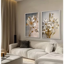 Quadro Decorativo Sala Com Moldura Quadro De Flores Douradas Brancas Kit 2 Quadros Sala Com Vidro