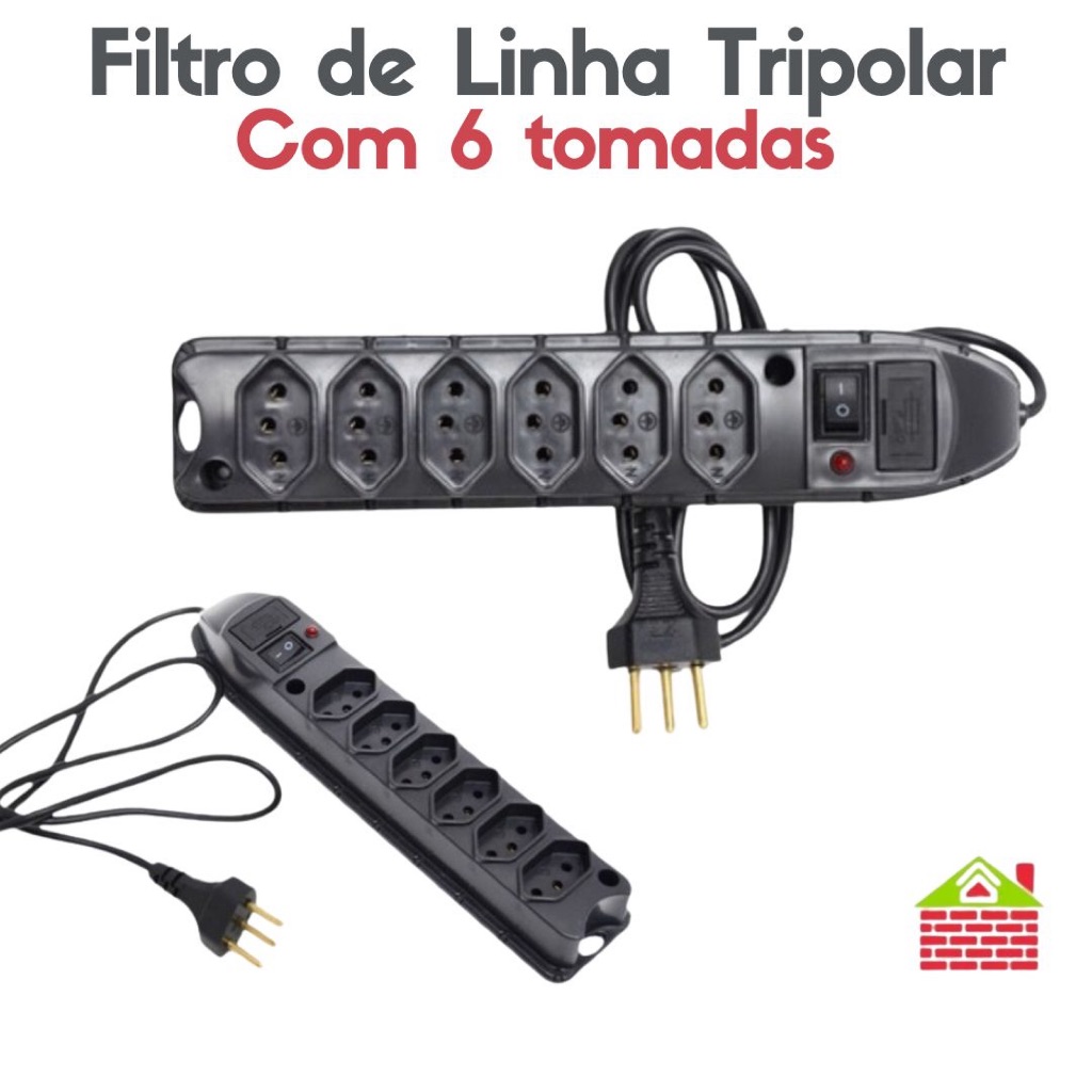Filtro De Linha Régua De Tomadas 6, 5, 4 e 3 Tomadas Tripolar 10 Amperes Com Fusível