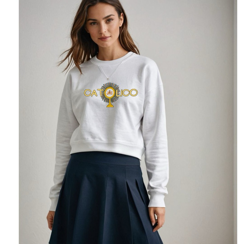 Blusa de Frio Unissex Moletom Careca Manga Comprida Estampado Católico Com o Ostensório Fé Religião Jesus Cristo Adulto
