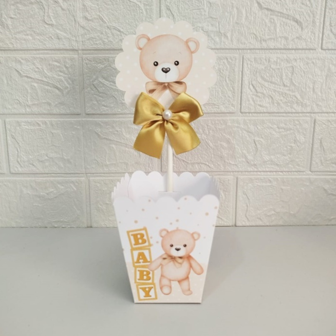 Pegue e Monte - Centro de Mesa Caixa Cachepô Personalizado Ursinho Chá Revelação Dourado
