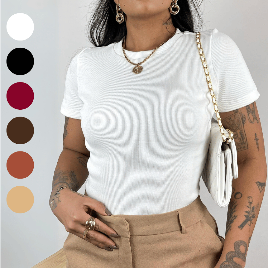 Blusa Feminina Canelada Baby Tee Manga Curta Básica Algodão