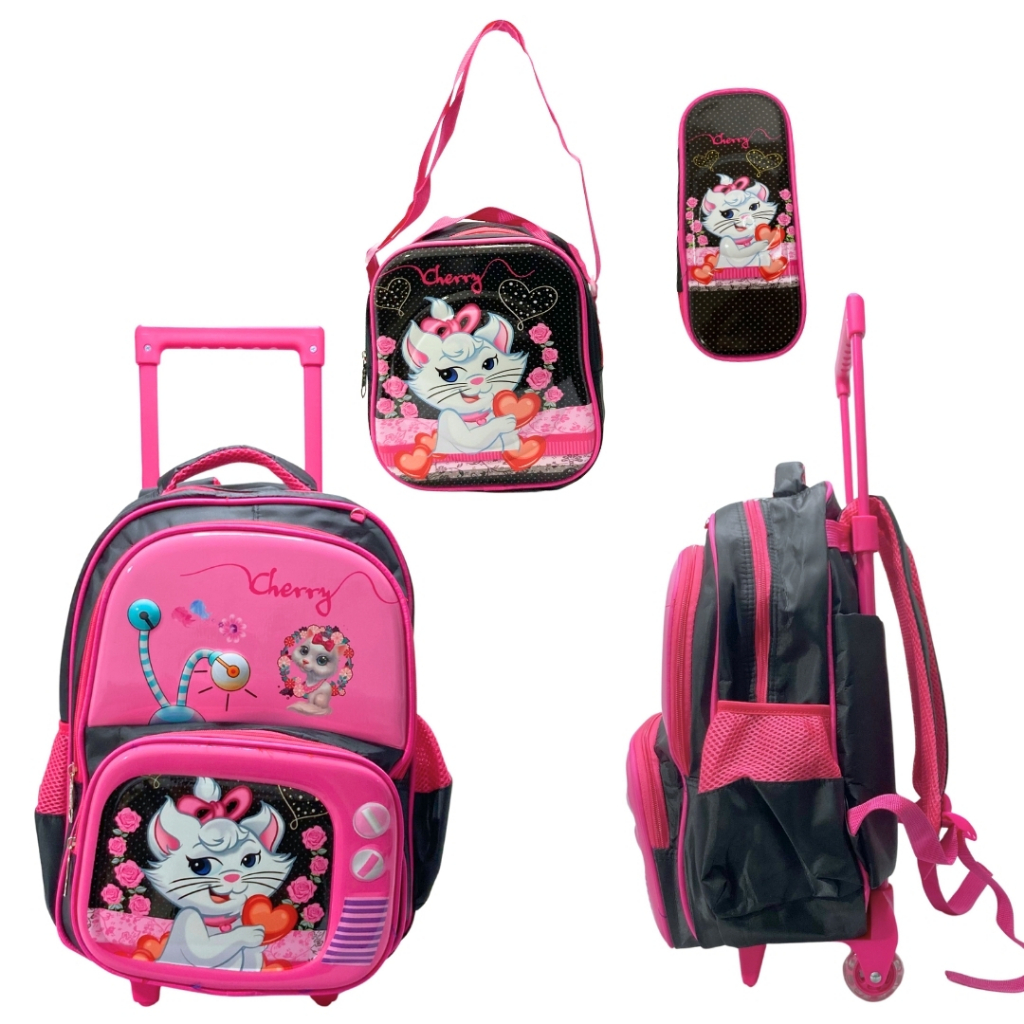 Kit mochila 3D escolar de rodinha3 compartimentos+ Lancheira Térmica+ Estojo infantil gatinha cherry em Oferta na Shopee