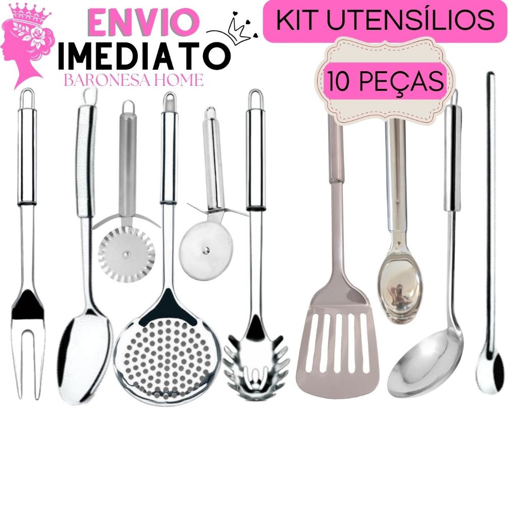 Jogo de Utensílios de Cozinha Kit 10 Peças Garfo Churrasco Colher de Servir Escumadeira Concha Espátula Carretilha Suco