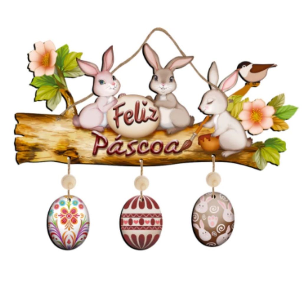 Placa Decorativa Coelhos Com Ovos Feliz Páscoa Na Árvore Coelhinhos Enfeite Para Porta Cenário em Oferta na Shopee