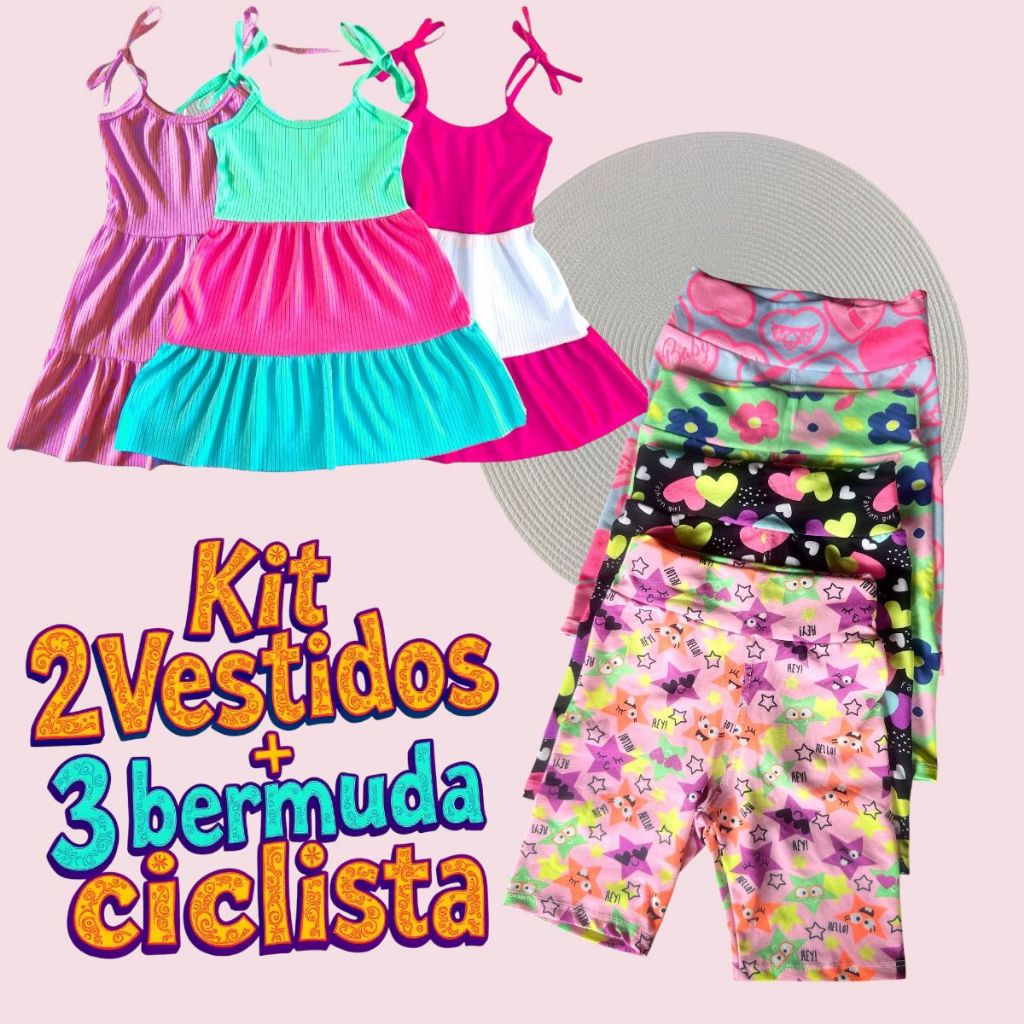 KIT com 5 peças 2 vestido infantil menina + 3 bermuda ciclista infantil menina ENVIO CORES SORTIDAS