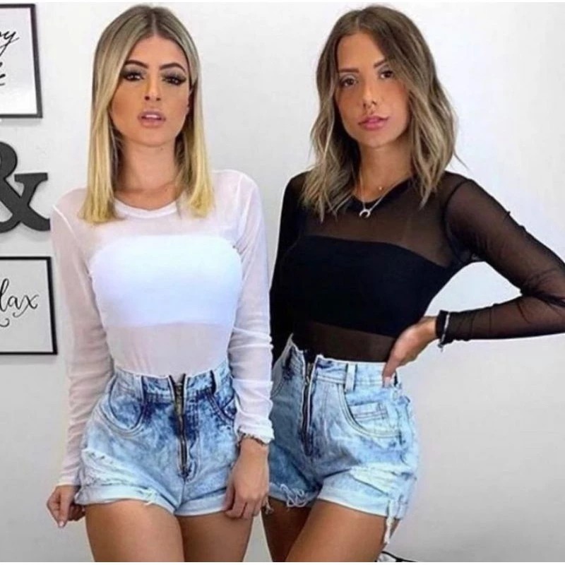 Body básico de tule de manga longa, gola redonda ASPE76
