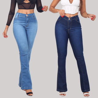 Kit 2 Calças Jeans Feminina Flare Com Elastano Jeans Feminino Calça Pantalona Cintura Alta Calça Flare Empina Bumbum