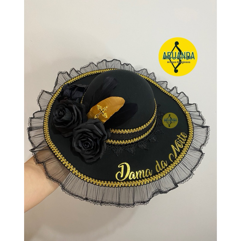 Chapéu de Pomba Gira Dama da Noite com penas
