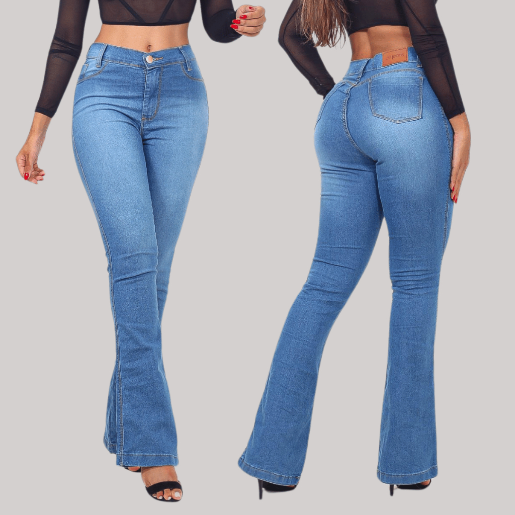 Calça Jeans Feminina Flare Cos Alto Levanta Bumbum Com Lycra Boca De Sino Jeans Claro Flare Escura