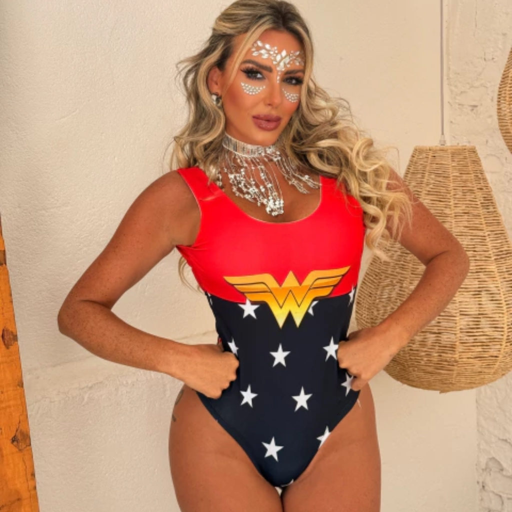 Body fantasia carnaval feminina maiô suplex cavado mulher maravilha em Oferta na Shopee