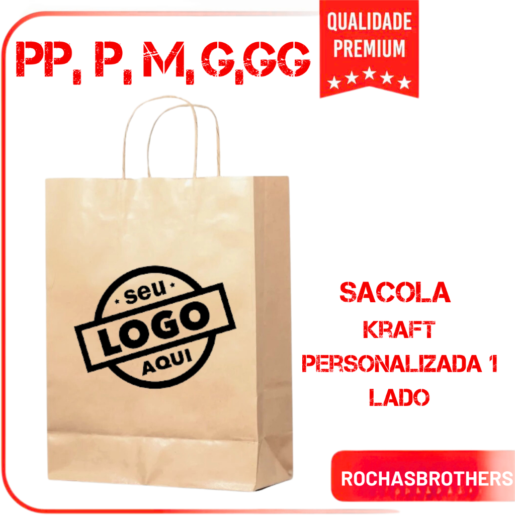 Sacola de Papel Kraft– Personalizada com Sua Logo Colorida - 1 Lado - PP P M G OU GG