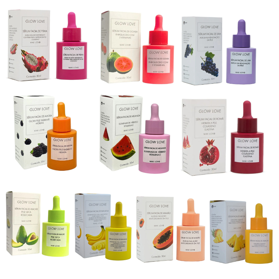 Max Love Sérum Facial Glow Love - Pitaya, Goiaba, Uva, Amora, Melancia, Romã  Abacate, Banana, Mamão, Abacaxi - 30ml