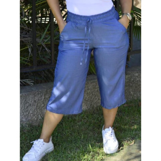 panta cur Feminina chambray de  Cintura Alta elastico na cintura em Oferta na Shopee