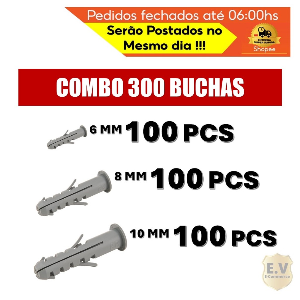 Kit Combo 300 Buchas Fixação Com Anel Para Uso Em Concreto Tijolos (100pcx6mm+100pcx8mm+100pcx10mm)