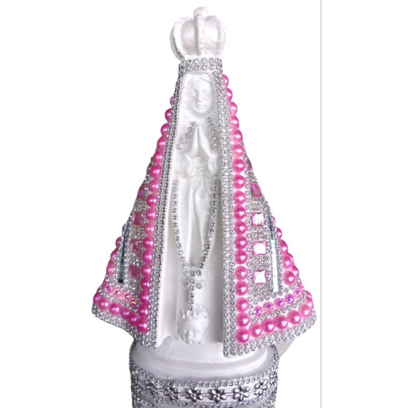 Imagem de Nossa Senhora Aparecida Rosa Bebê 20cm toda em strass pérola e pedraria de gesso Portuguesa!