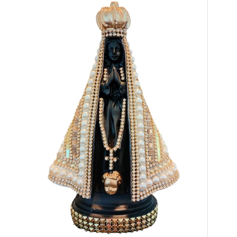 Imagem Nossa Senhora Aparecida 22cm toda em Perola Frente Preta com  Pedraria Dourado Portuguesa!